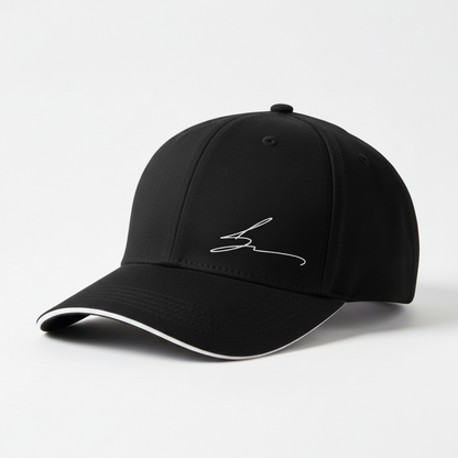 Black cap with white trim and white logo