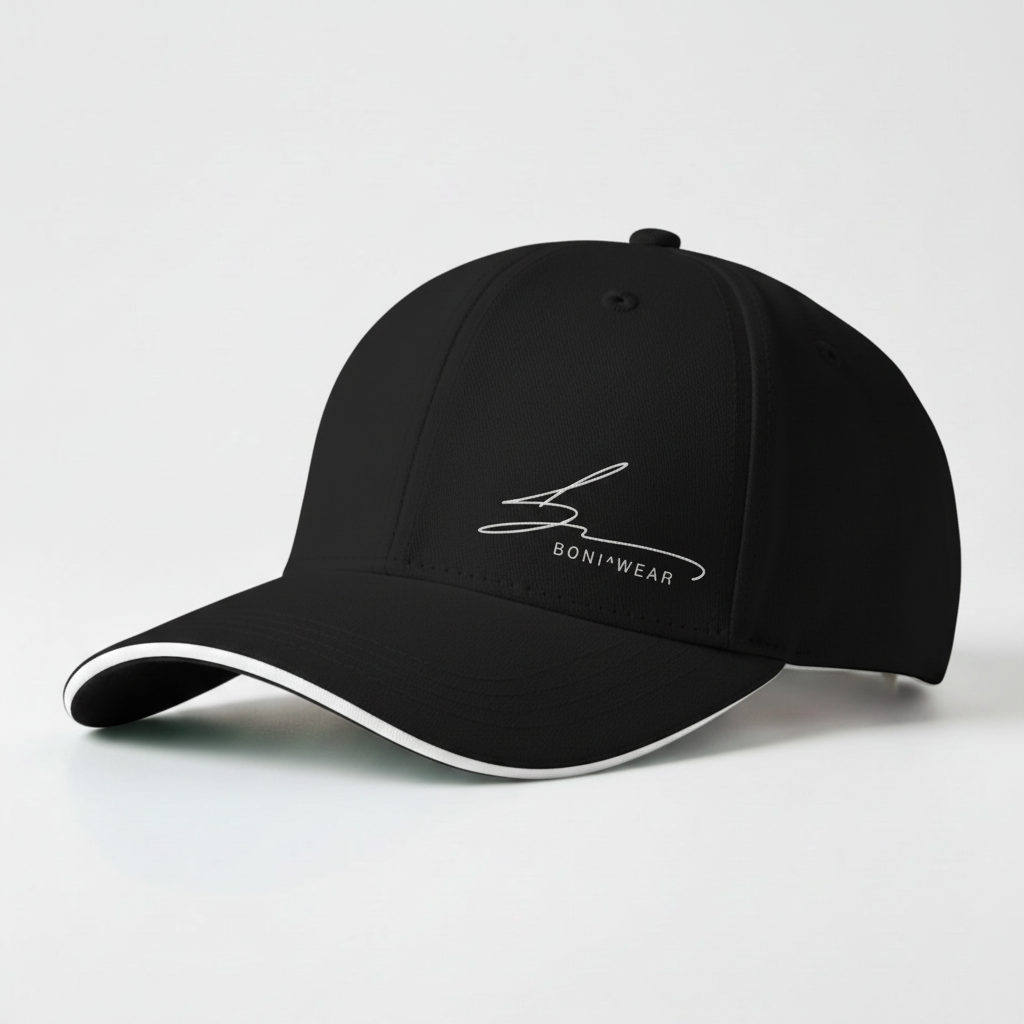 Black cap with white trim and white logo