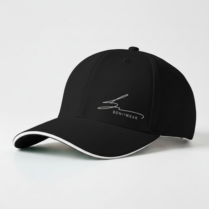 Black cap with white trim and white logo