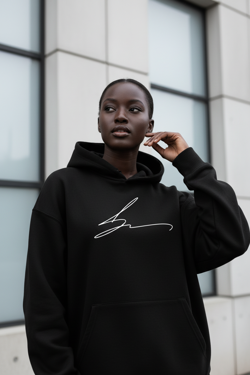 Black hoodie with signature logo