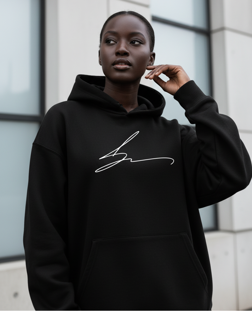 Black hoodie with signature logo