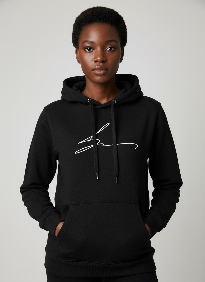 Black hoodie with signature logo