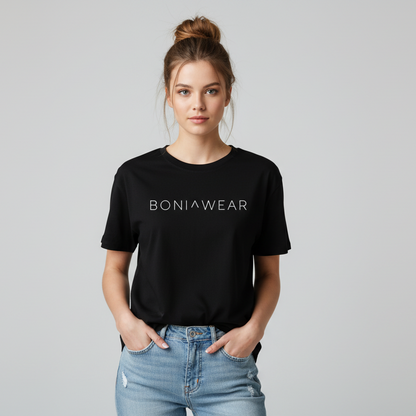 Black oversized t-shirt with white BONIWEAR logo