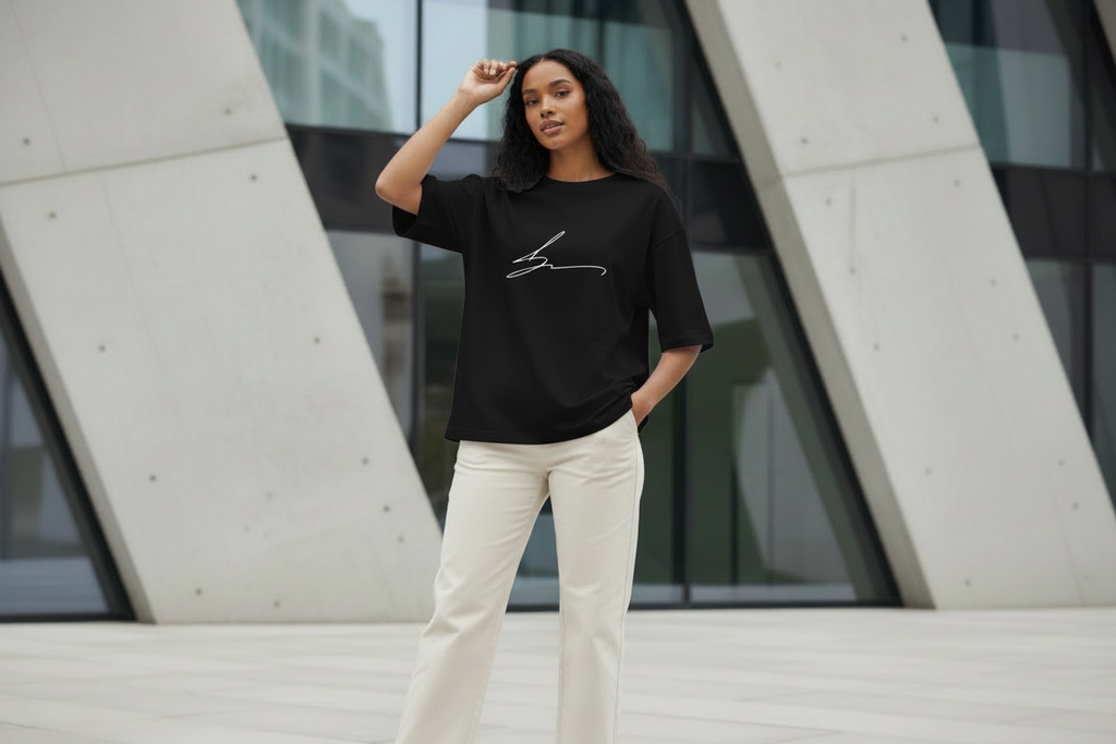Black oversized t-shirt with white signature logo
