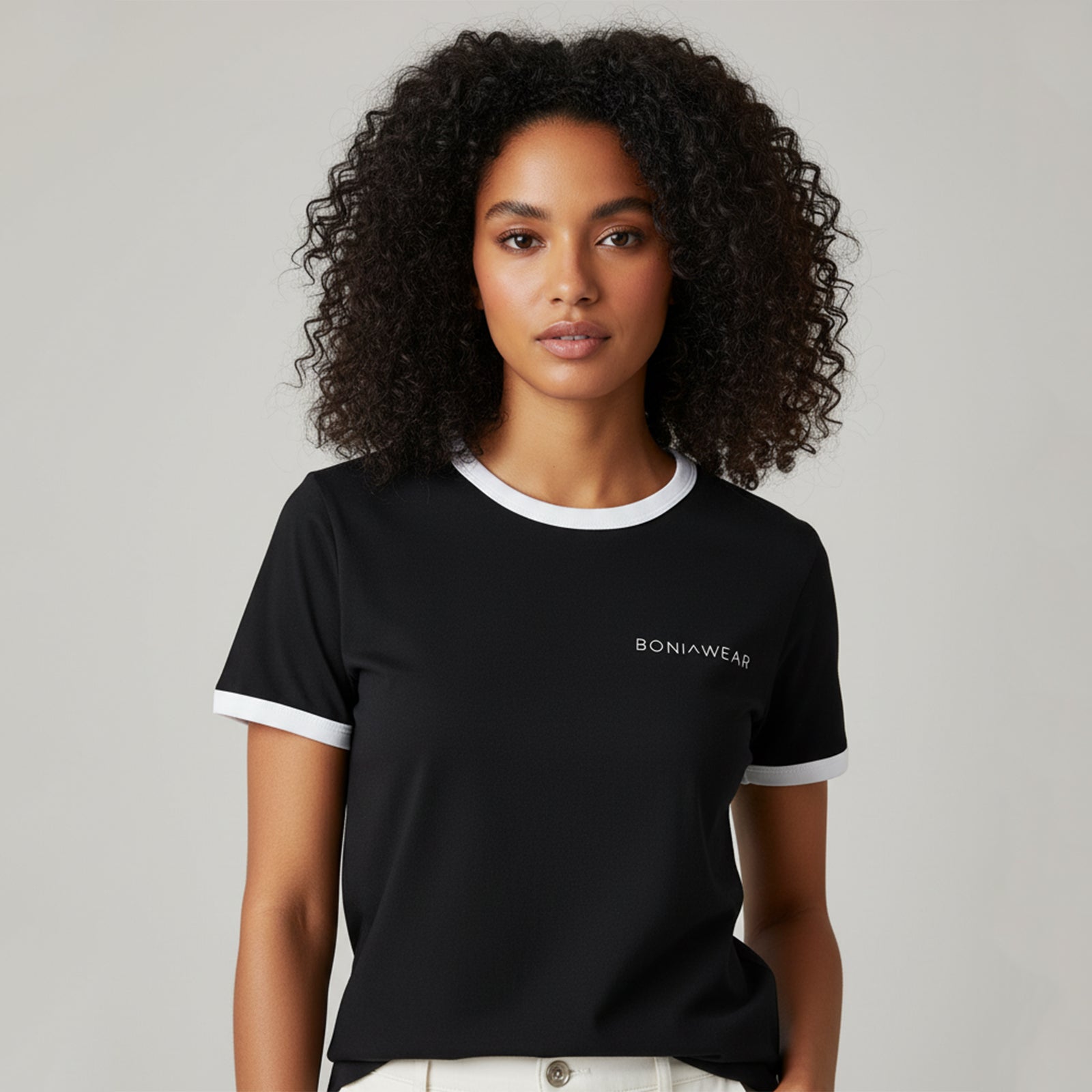 Black ringer tee with white trim and BONIWEAR logo