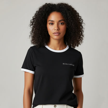 Black ringer tee with white trim and BONIWEAR logo
