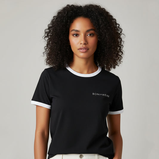 Black ringer tee with white trim and BONIWEAR logo