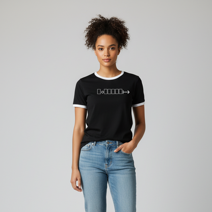 Black ringer tee with white trim and geometric logo