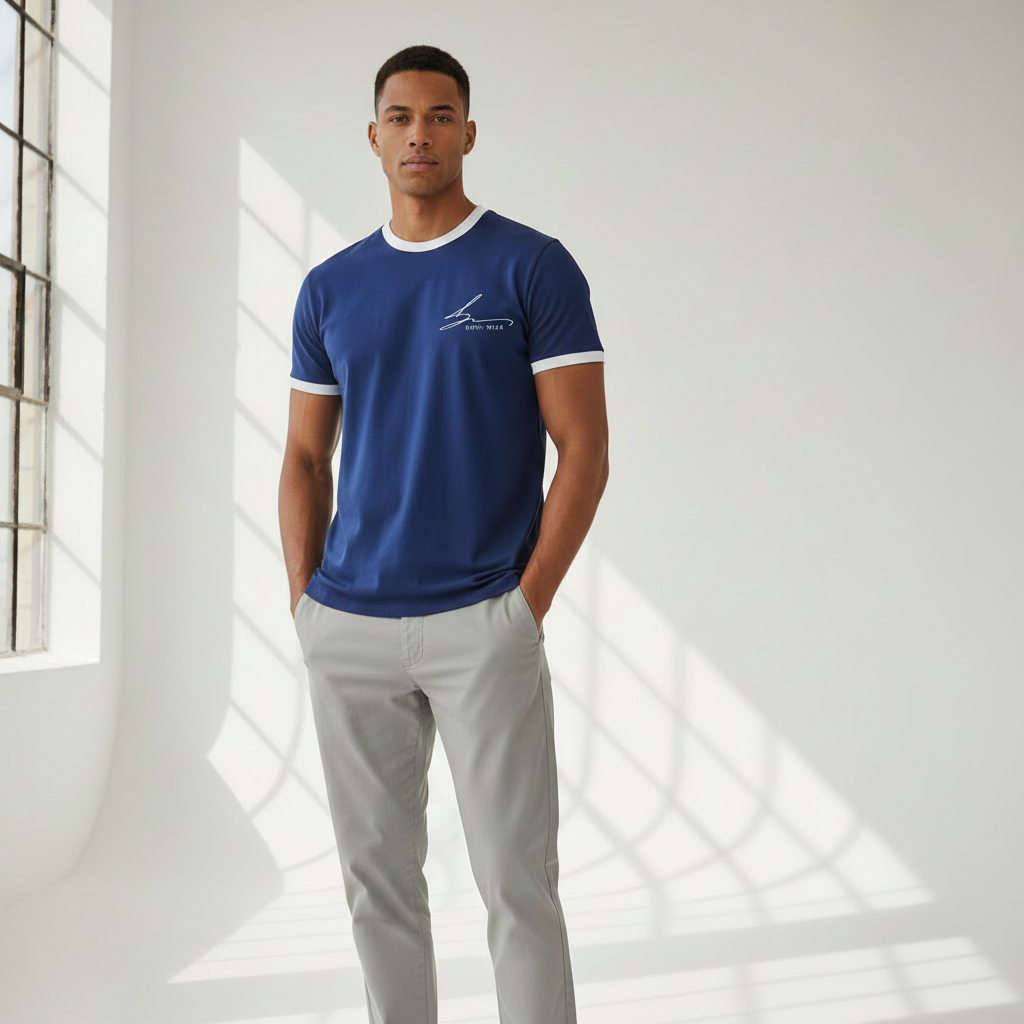 Blue with white trim and white logo