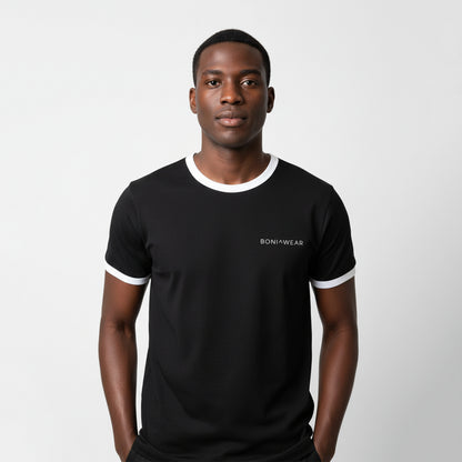 Boniwear black ringer t-shirt with white trim and white logo