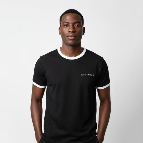 Boniwear black ringer t-shirt with white trim and white logo