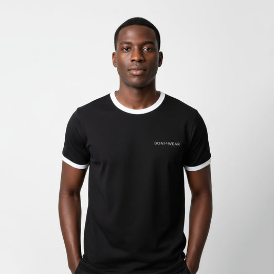 Boniwear black ringer t-shirt with white trim and white logo