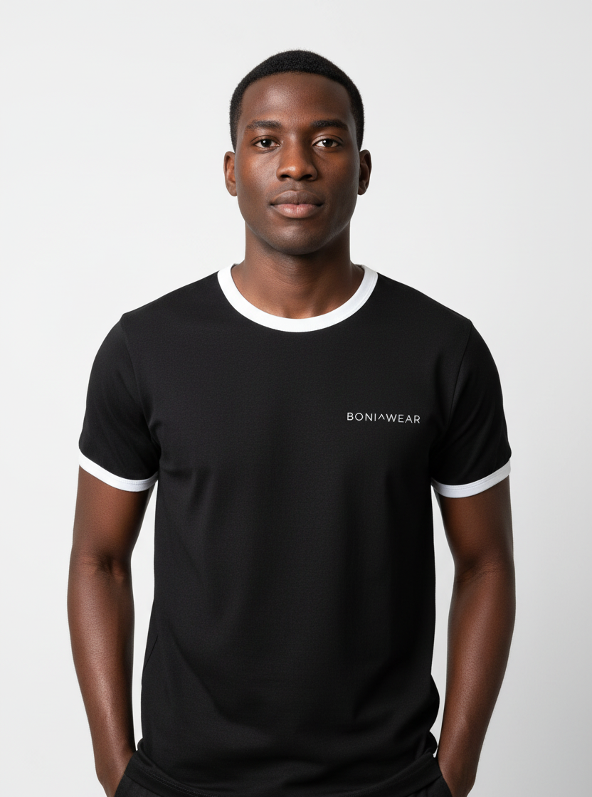 Boniwear black ringer t-shirt with white trim and white logo