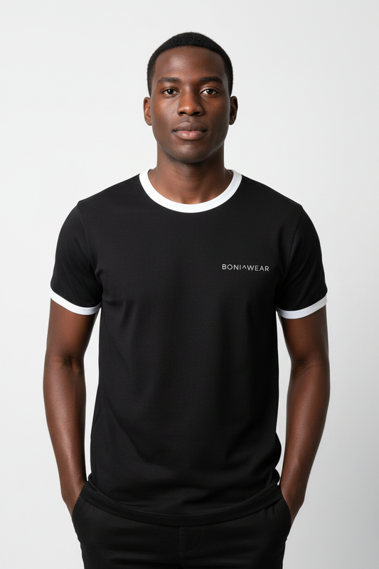 Boniwear black ringer t-shirt with white trim and white logo