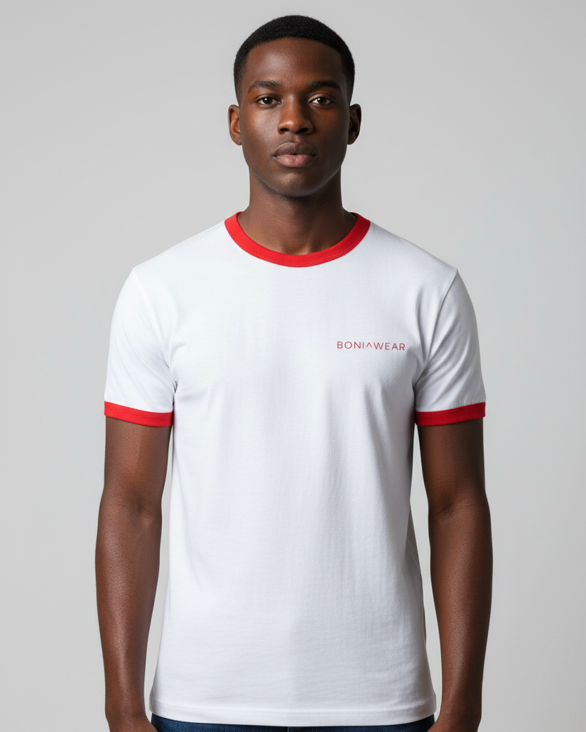 Boniwear ringer t-shirt with red trim and red logo