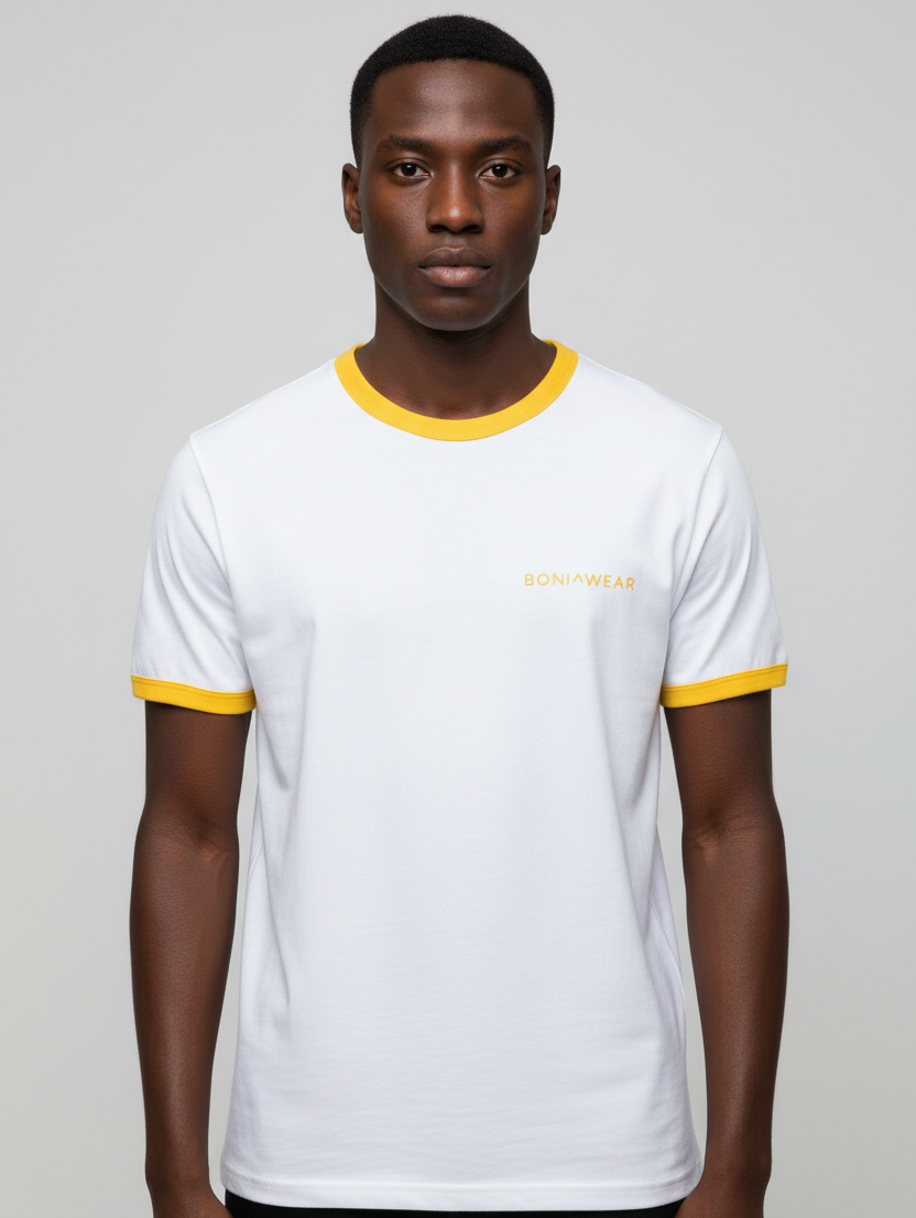 Boniwear ringer t-shirt with yellow trim and yellow logo