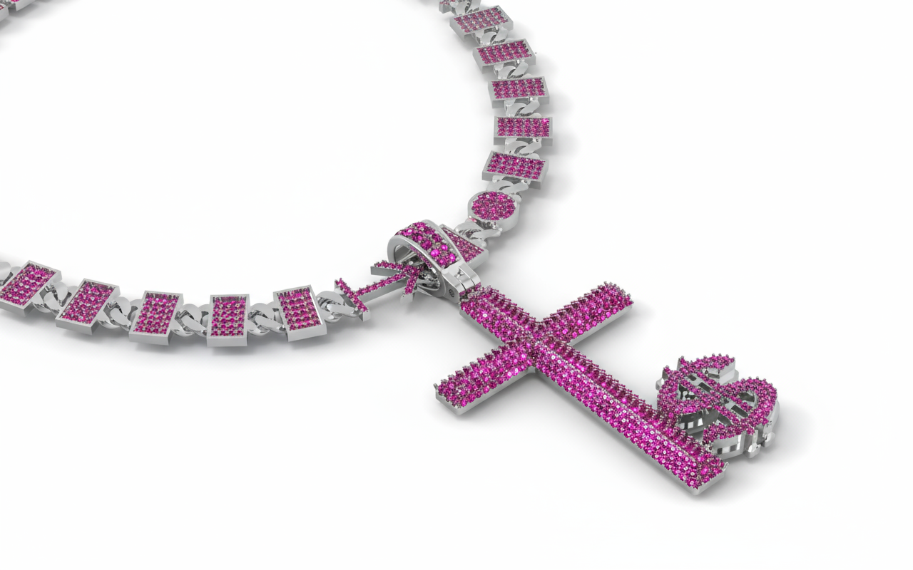 Bracelet with dark pink and silver charms on a white background