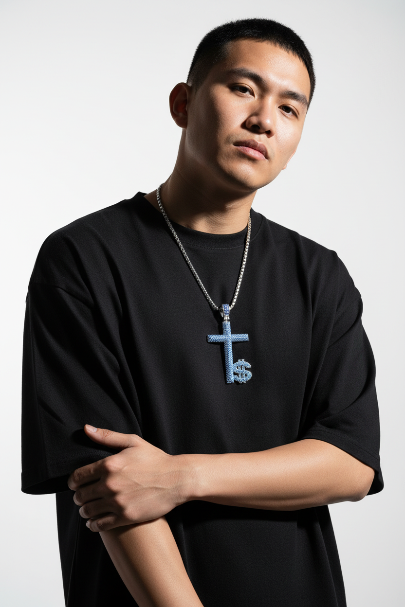 Faith Cross Pendant - Oversized Tee Blue Stone