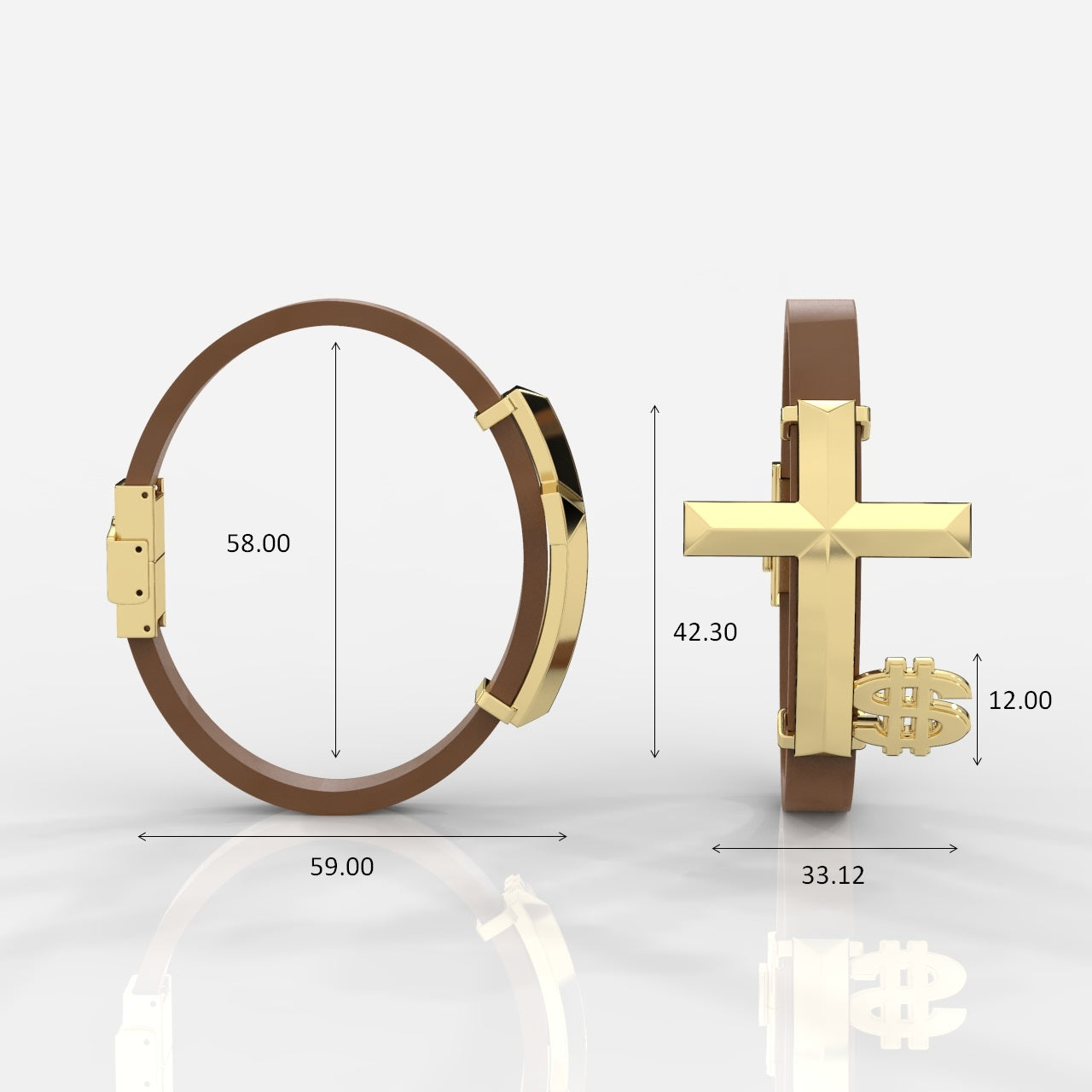 Gold and brown bracelet with measurements on a white background