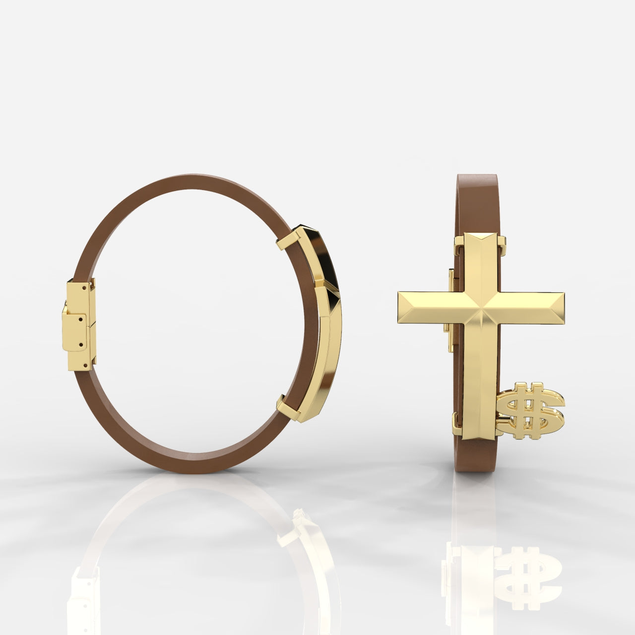 Gold hoop earrings with brown leather accents on a white background