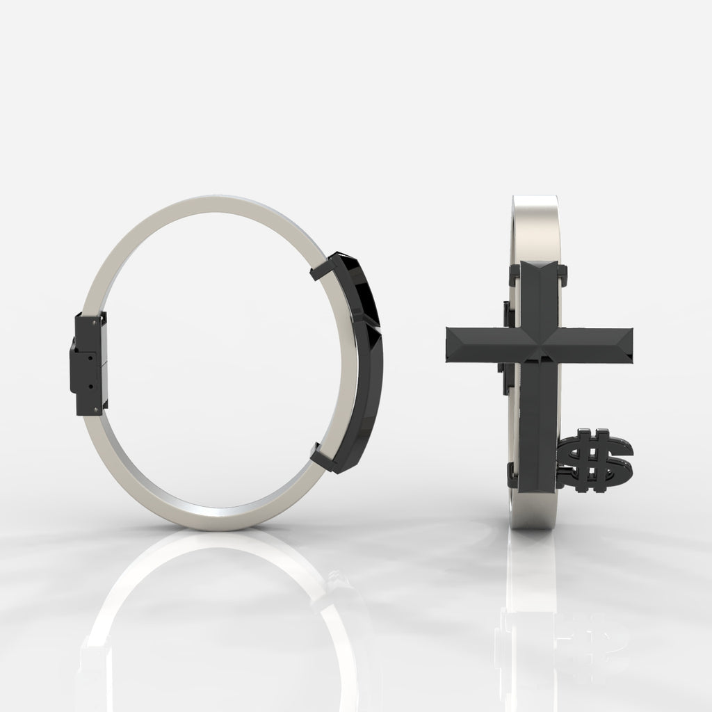 Pair of black and silver hoop earrings on a white background