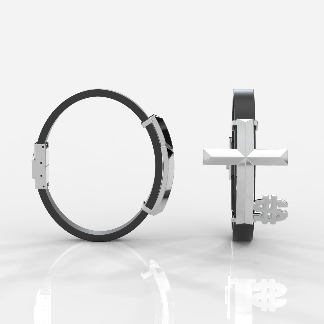 Silver ring with black band and cross design on a white background