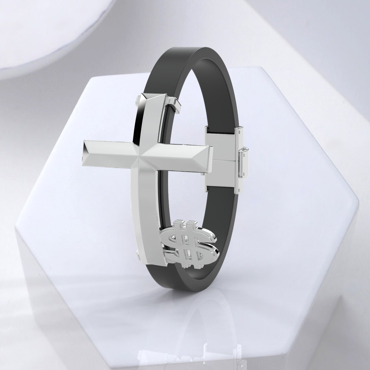 Black and silver bracelet with dollar sign design on a white background