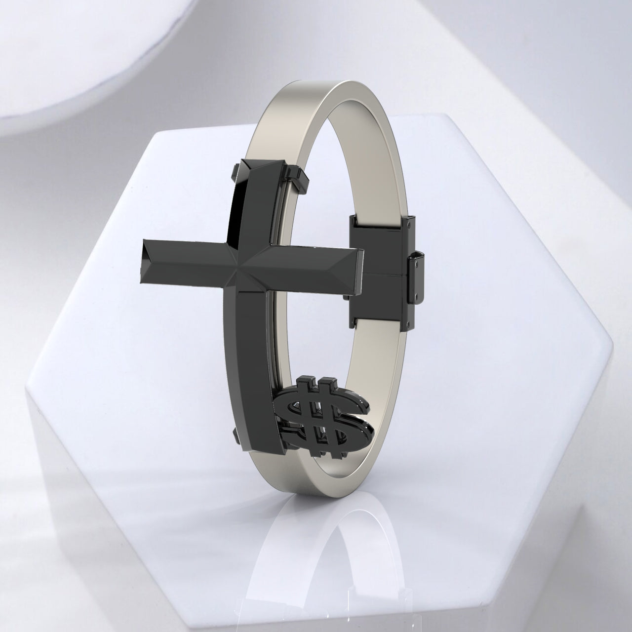 Black and silver bracelet on a white background
