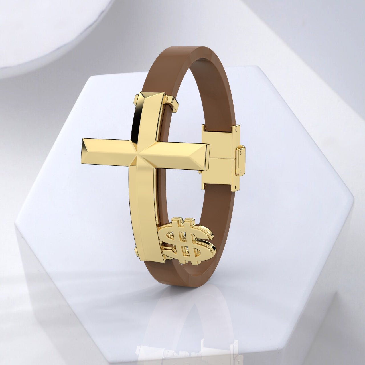 Gold and brown bracelet on a white hexagonal platform