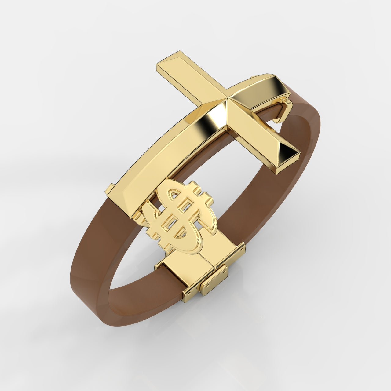 Gold bracelet with dollar sign design on a brown band against a light gray background