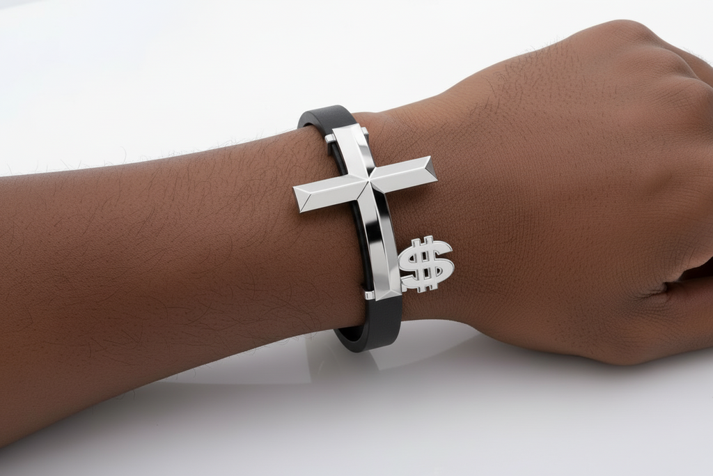 Bracelet with cross and dollar sign charm on wrist against a white background