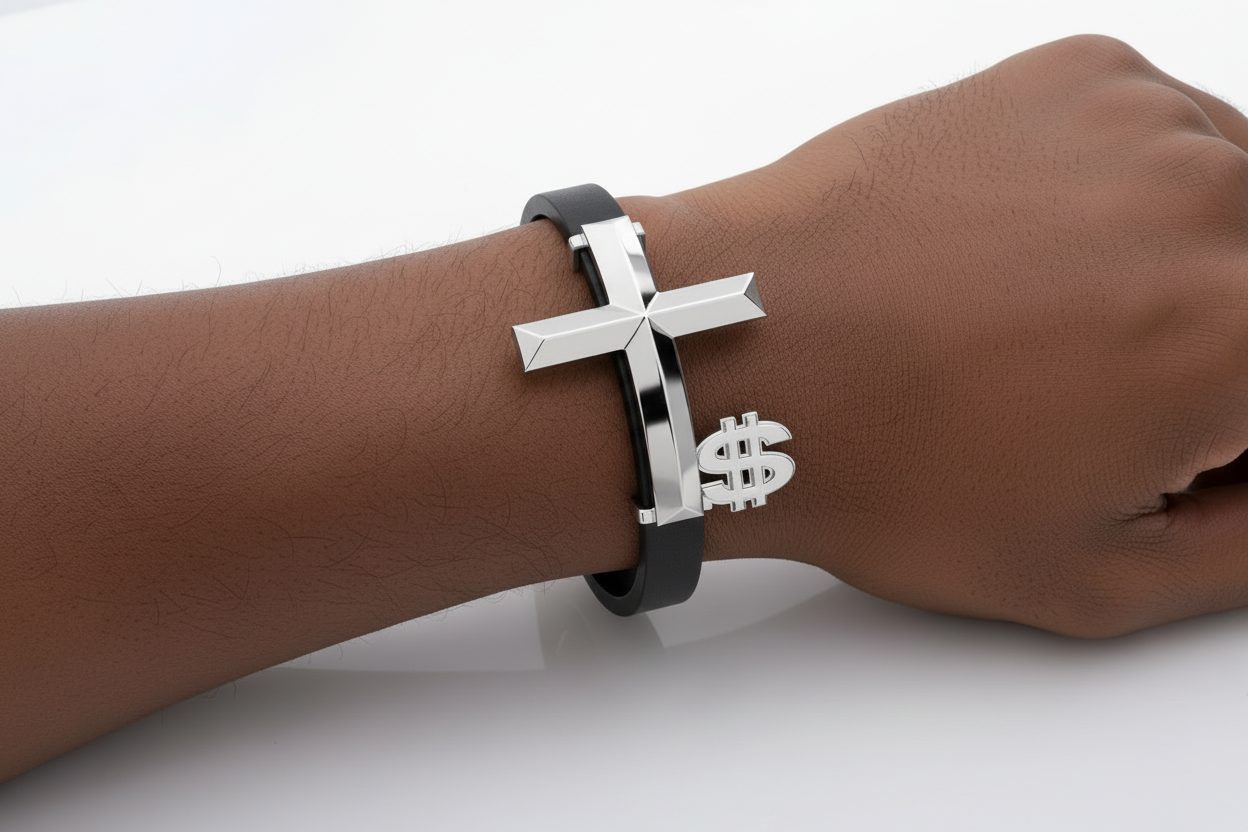 Bracelet with cross and dollar sign charm on wrist against a white background