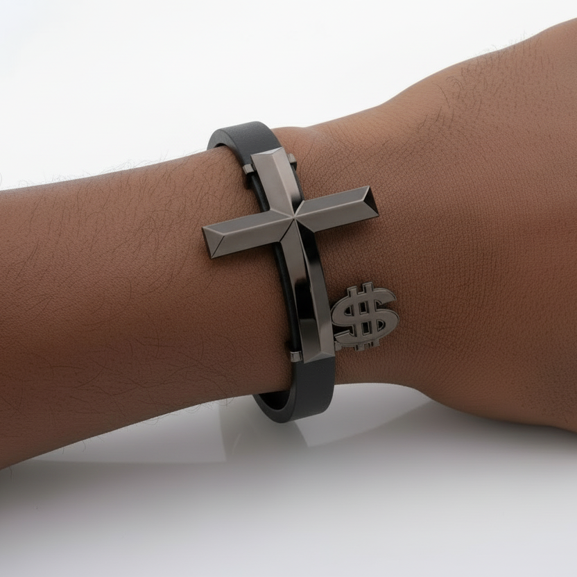 Bracelet with cross and dollar sign charm on wrist against a white background