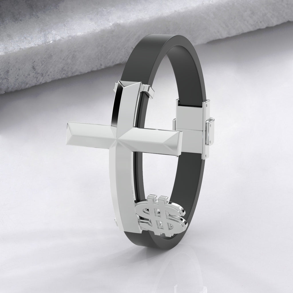 Silver bracelet with dollar sign charm on a light gray background