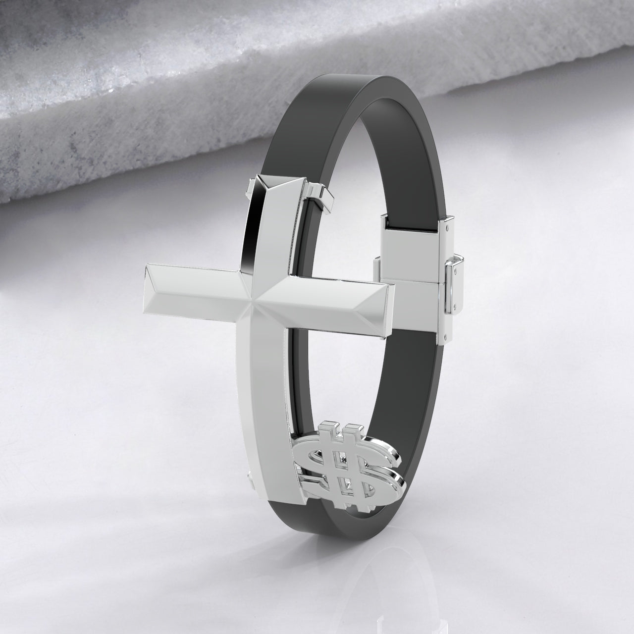 Silver bracelet with dollar sign charm on a light gray background