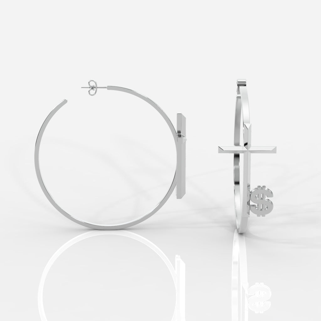 Silver hoop earrings with dollar sign design on a white background