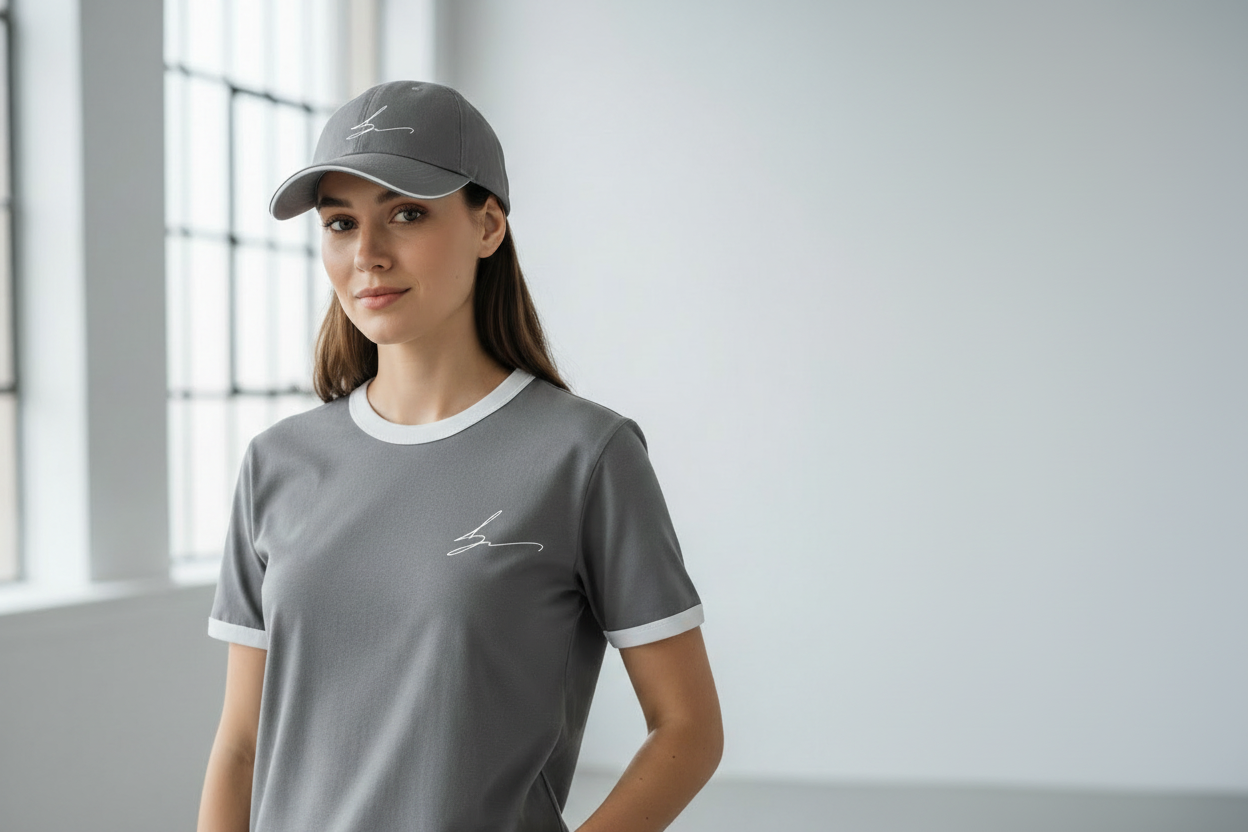 Gray and white ensemble with white logo