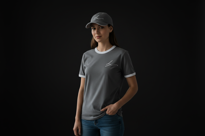 Gray and white ensemble with white logo