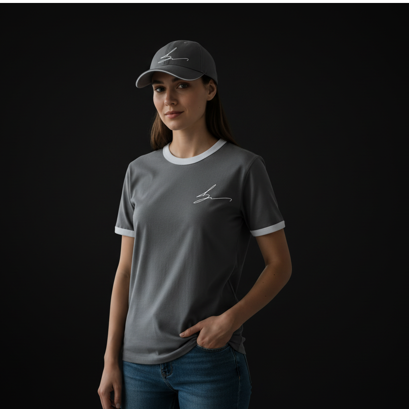 Person wearing a gray t-shirt and cap with a logo on a black background