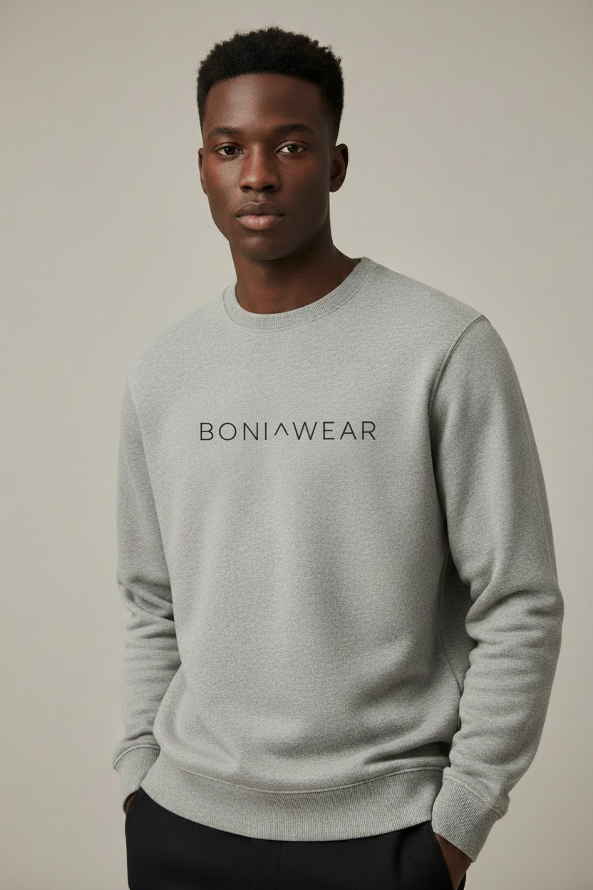 Gray crewneck with Boniwear logo