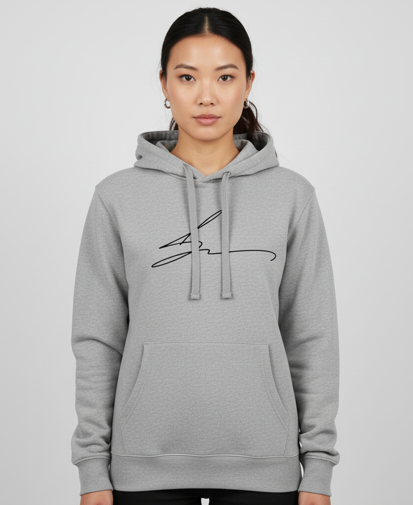 Gray hoodie with signature logo