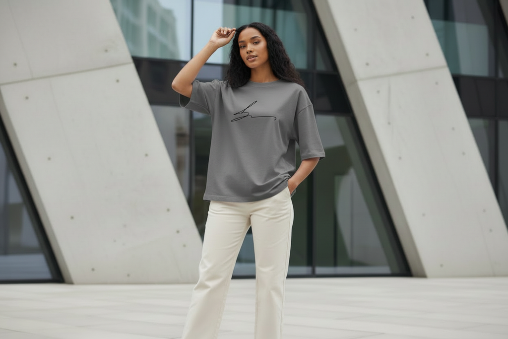 Gray oversized t-shirt with signature logo