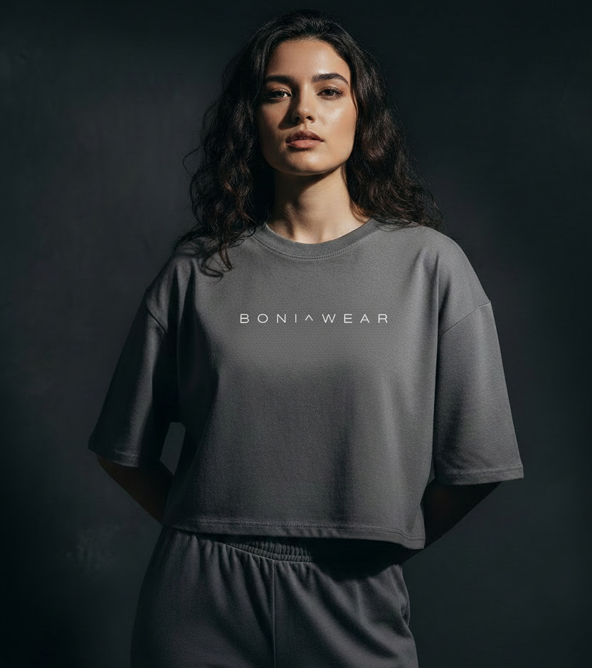 Grey boxy fit cropped tee with BONI^WEAR logo