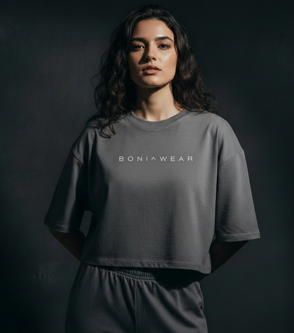 Grey boxy fit cropped tee with BONI^WEAR logo