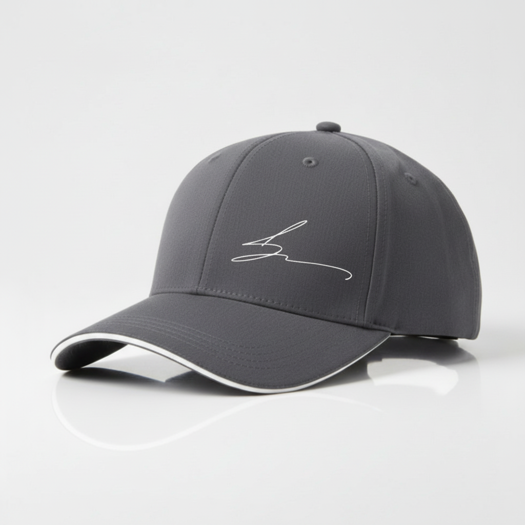 Grey cap with white trim and white logo