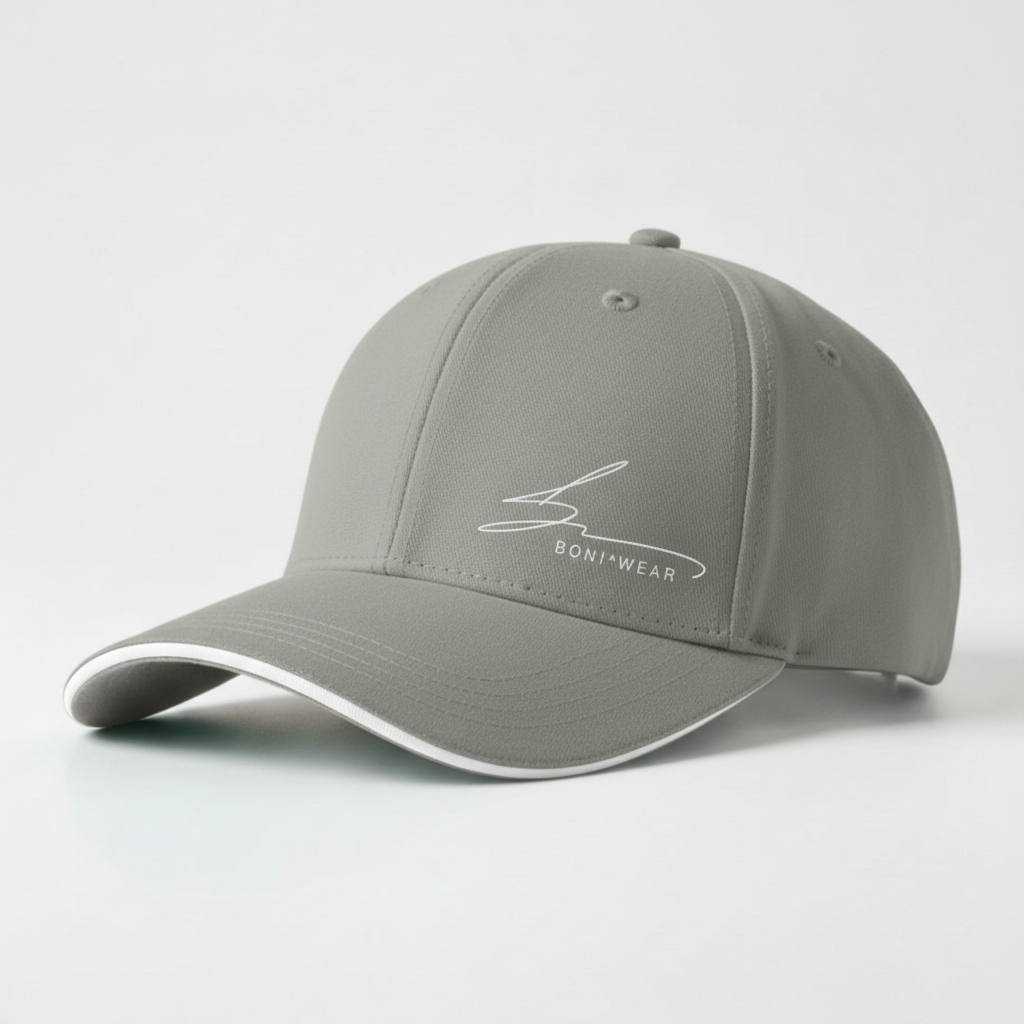 Grey cap with white trim and white logo