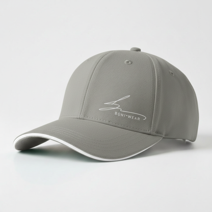 Grey cap with white trim and white logo