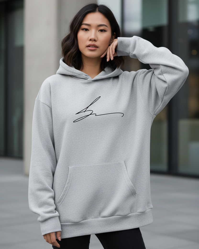 Grey hoodie with signature logo