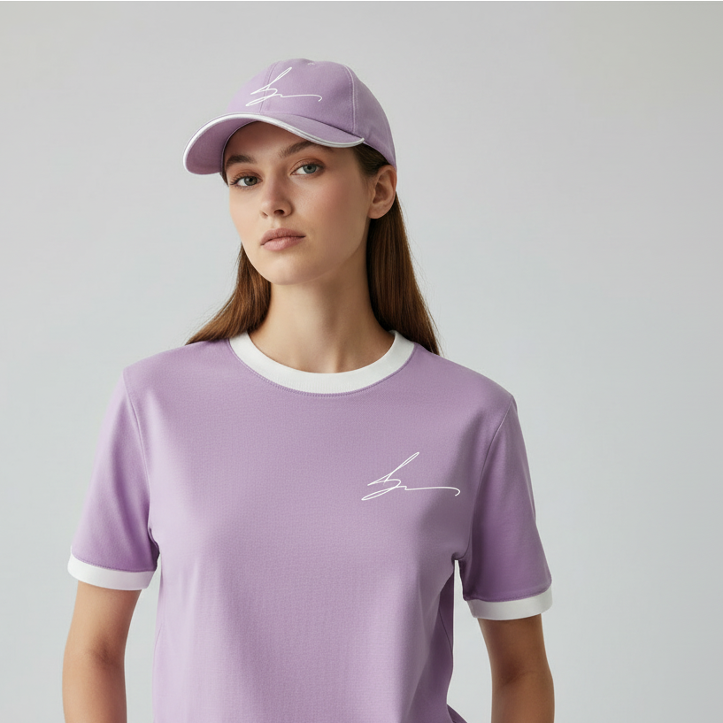 Person wearing a purple t-shirt and cap with a logo on a light gray background