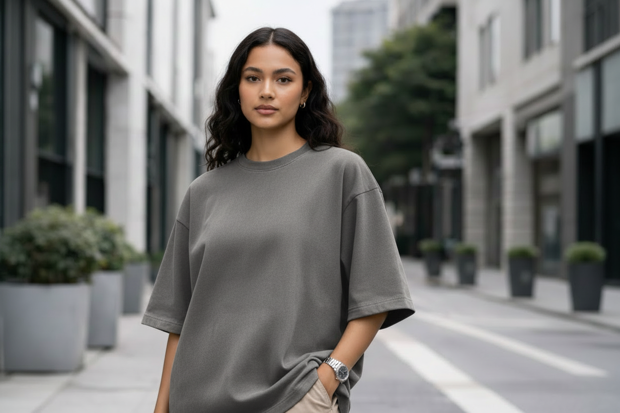 Medium gray ultra suede oversized t-shirt with authentic texture